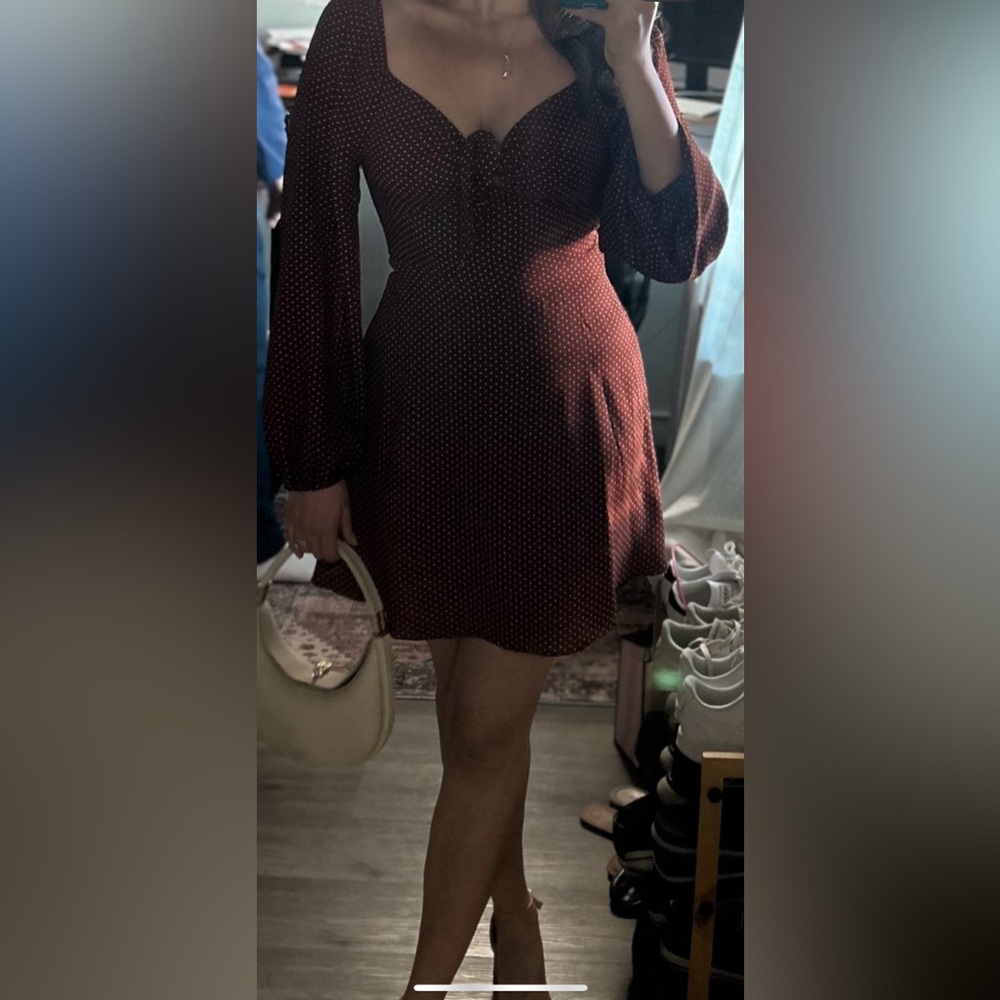 Polka dot print knot front lantern long sleeve dress